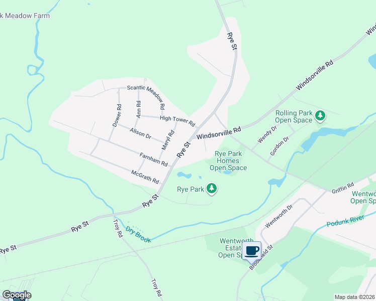 map of restaurants, bars, coffee shops, grocery stores, and more near 520 Rye Street in South Windsor