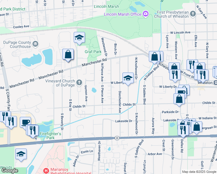 map of restaurants, bars, coffee shops, grocery stores, and more near 206 South Morgan Avenue in Wheaton
