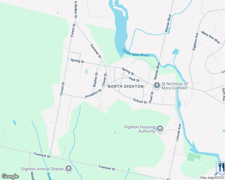 map of restaurants, bars, coffee shops, grocery stores, and more near 675 School Street in Dighton