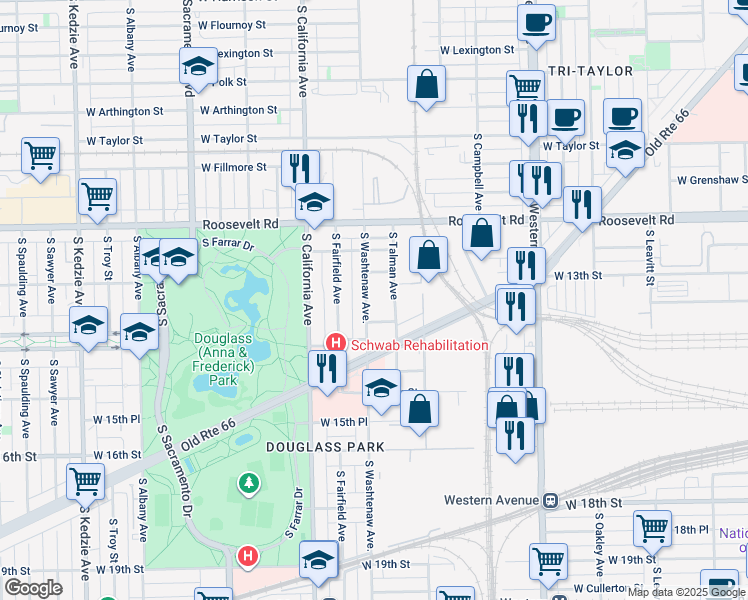 map of restaurants, bars, coffee shops, grocery stores, and more near 1325 South Washtenaw Avenue in Chicago