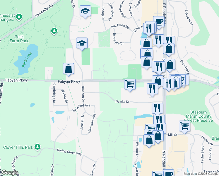 map of restaurants, bars, coffee shops, grocery stores, and more near 2450 West Fabyan Parkway in Batavia