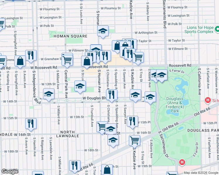 map of restaurants, bars, coffee shops, grocery stores, and more near 1334 South Christiana Avenue in Chicago