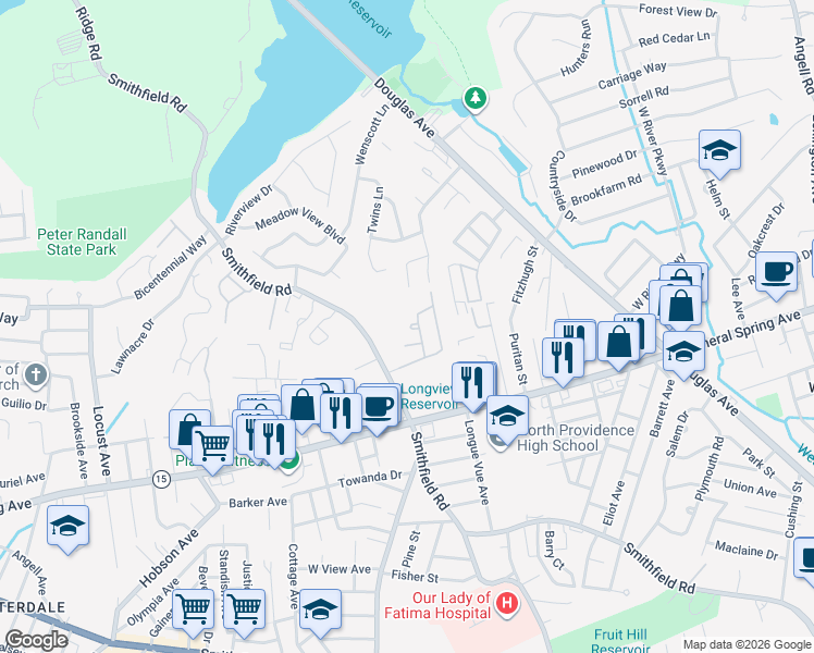 map of restaurants, bars, coffee shops, grocery stores, and more near 132 Oak Park Drive in North Providence