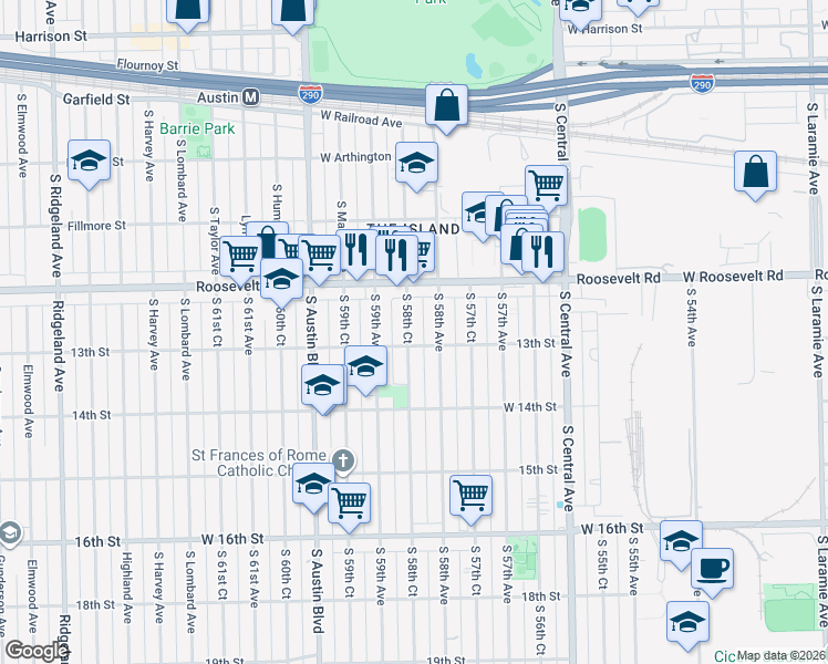 map of restaurants, bars, coffee shops, grocery stores, and more near 1235 South 58th Court in Cicero
