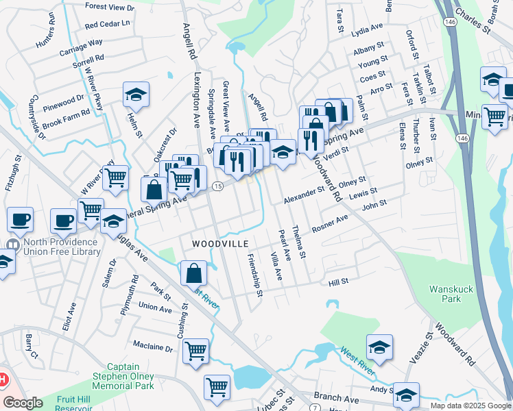 map of restaurants, bars, coffee shops, grocery stores, and more near 95 Alexander Street in North Providence
