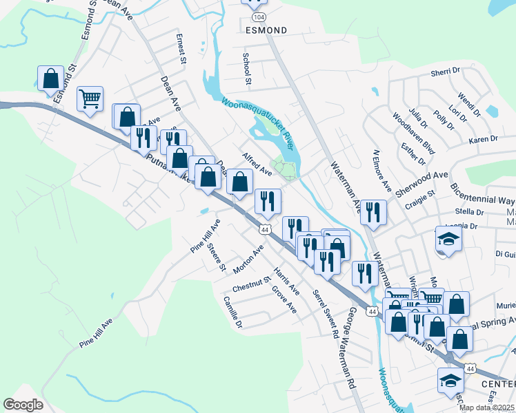 map of restaurants, bars, coffee shops, grocery stores, and more near 1 Cottage Street in Johnston