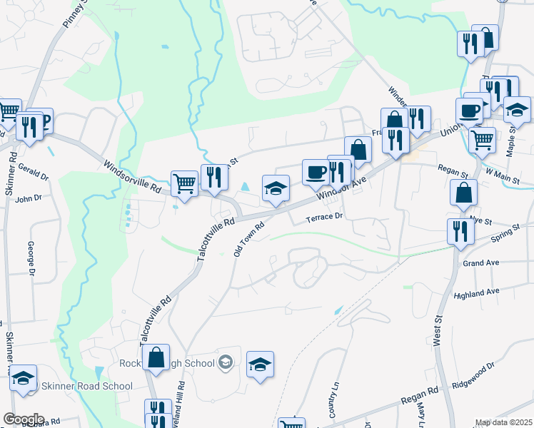 map of restaurants, bars, coffee shops, grocery stores, and more near 142 Old Town Road in Vernon