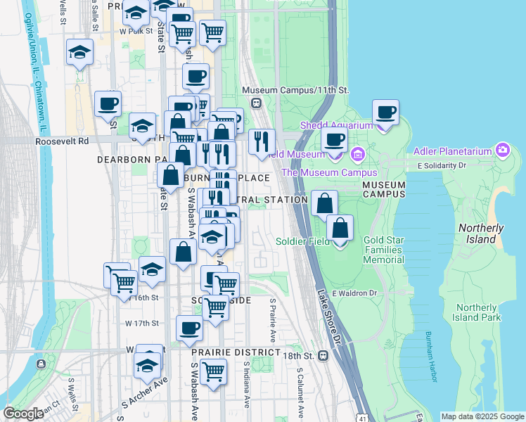 map of restaurants, bars, coffee shops, grocery stores, and more near 1419 Prairie Place in Chicago