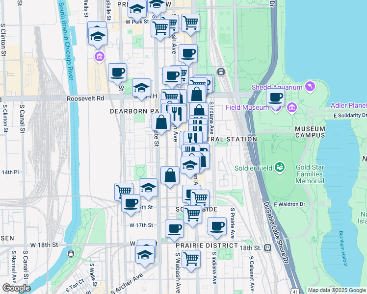 map of restaurants, bars, coffee shops, grocery stores, and more near 1421 South Wabash Avenue in Chicago