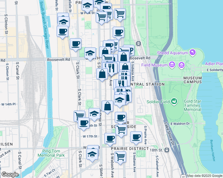 map of restaurants, bars, coffee shops, grocery stores, and more near 1421 South Wabash Avenue in Chicago