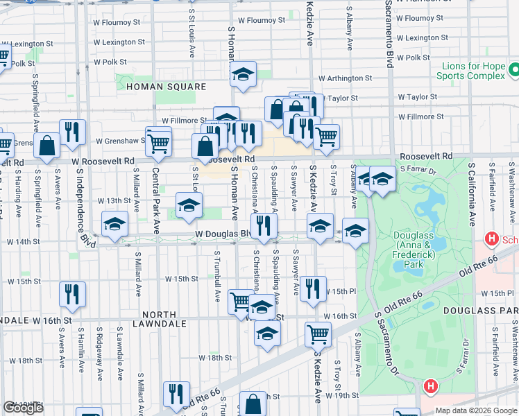 map of restaurants, bars, coffee shops, grocery stores, and more near in Chicago