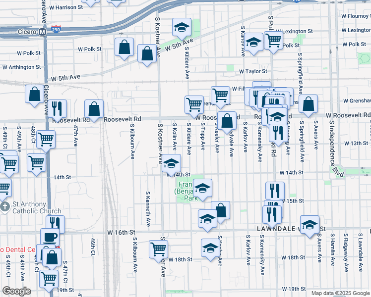 map of restaurants, bars, coffee shops, grocery stores, and more near 1321 South Kolin Avenue in Chicago