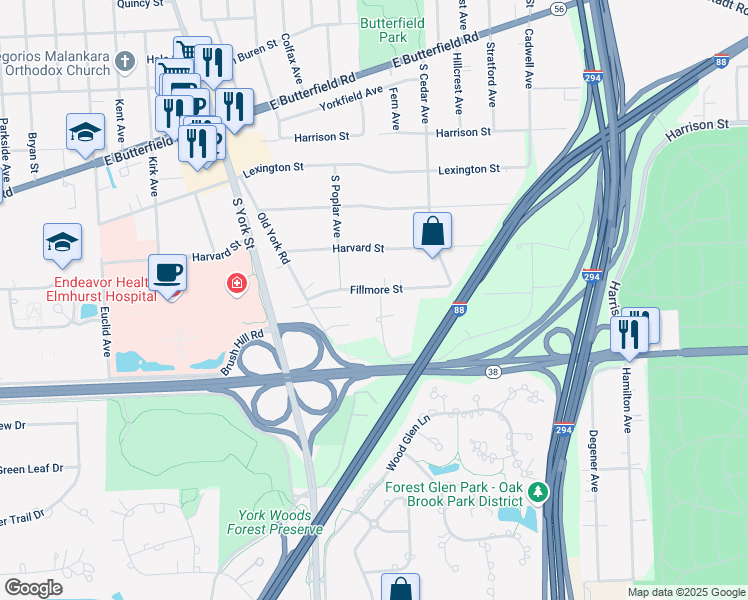 map of restaurants, bars, coffee shops, grocery stores, and more near S726 Linden Avenue in Elmhurst