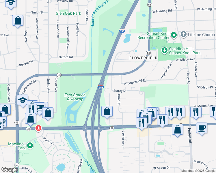 map of restaurants, bars, coffee shops, grocery stores, and more near 114 Surrey Drive in Glen Ellyn