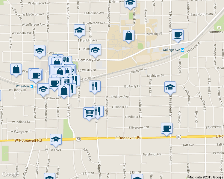 map of restaurants, bars, coffee shops, grocery stores, and more near 223 South Washington Street in Wheaton