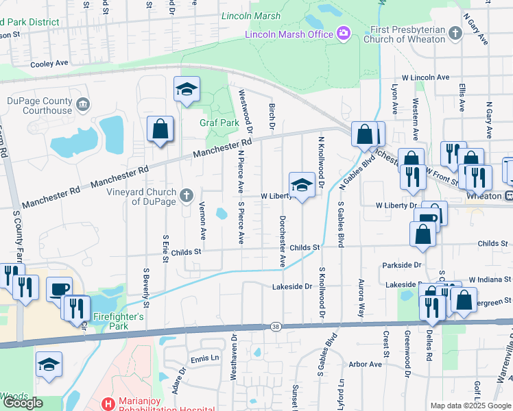 map of restaurants, bars, coffee shops, grocery stores, and more near 206 South Morgan Avenue in Wheaton