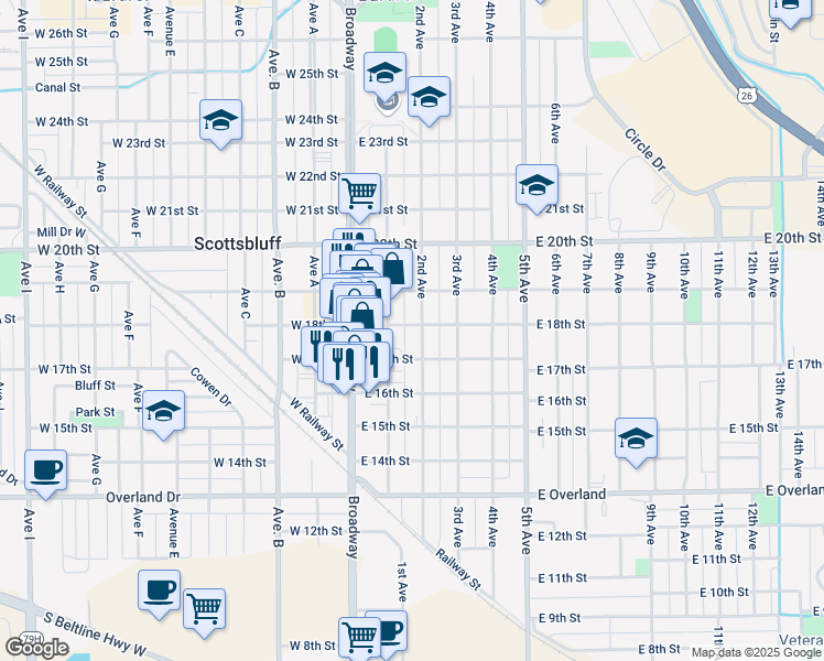 map of restaurants, bars, coffee shops, grocery stores, and more near 202 E 17th St in Scottsbluff