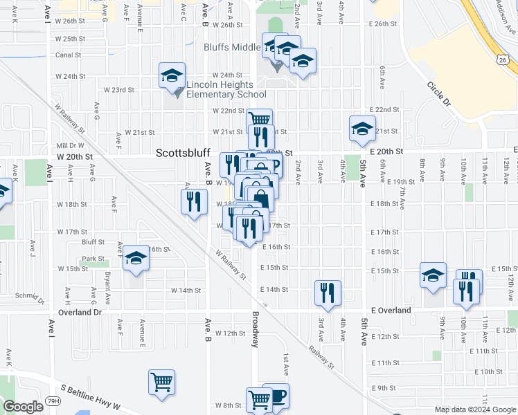map of restaurants, bars, coffee shops, grocery stores, and more near 1721 Broadway in Scottsbluff