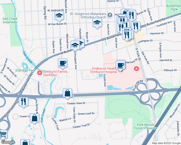 map of restaurants, bars, coffee shops, grocery stores, and more near 1050 Euclid Avenue in Elmhurst