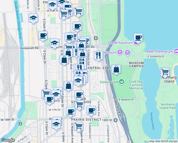 map of restaurants, bars, coffee shops, grocery stores, and more near S Indiana Ave & E 14th St in Chicago