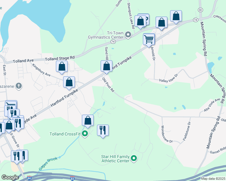 map of restaurants, bars, coffee shops, grocery stores, and more near 671 Old Post Road in Tolland