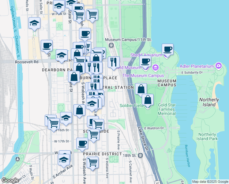 map of restaurants, bars, coffee shops, grocery stores, and more near 425 East 14th Street in Chicago