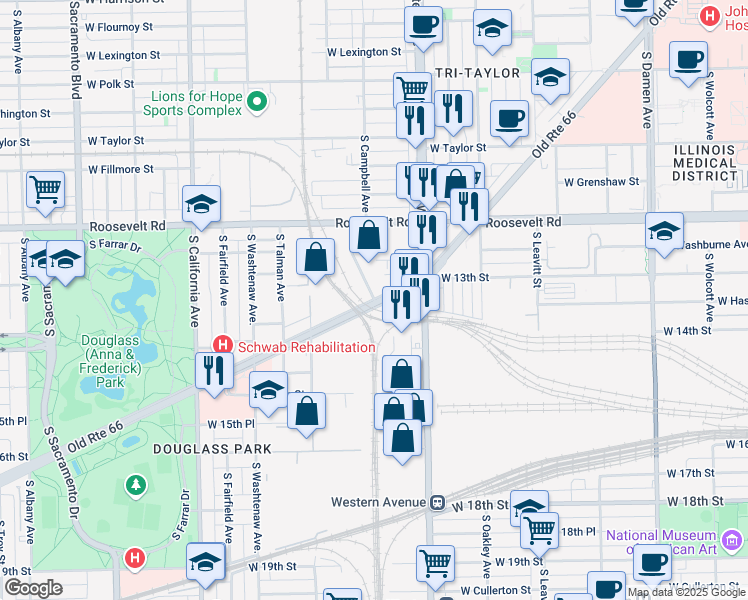 map of restaurants, bars, coffee shops, grocery stores, and more near 2453 South Campbell Avenue in Chicago