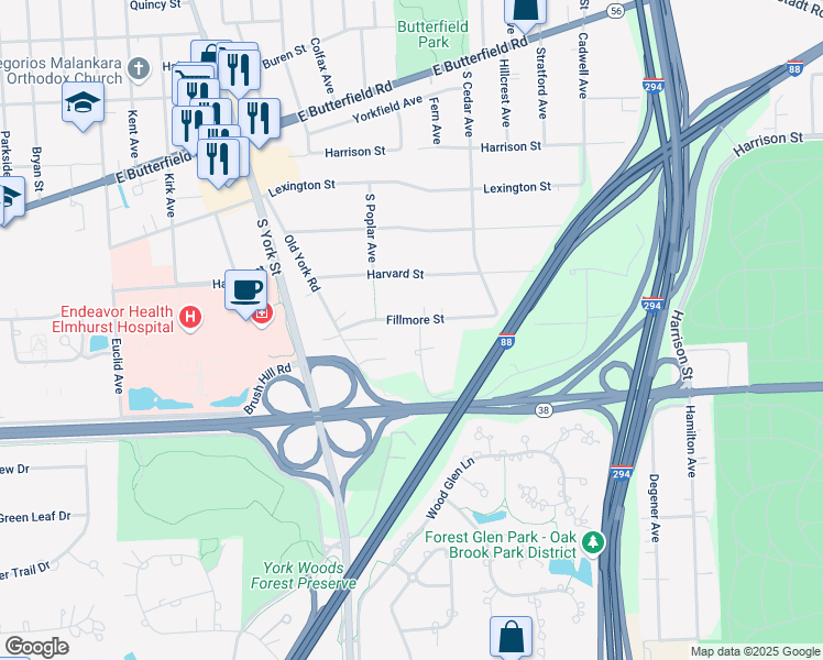 map of restaurants, bars, coffee shops, grocery stores, and more near S726 Linden Avenue in Elmhurst