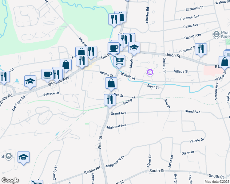 map of restaurants, bars, coffee shops, grocery stores, and more near 30 Nye Street in Vernon