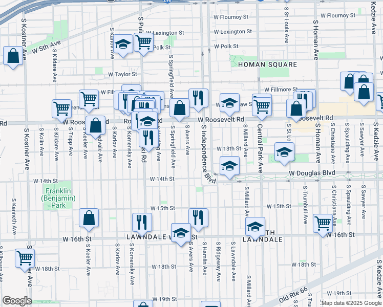 map of restaurants, bars, coffee shops, grocery stores, and more near 1307 South Avers Avenue in Chicago