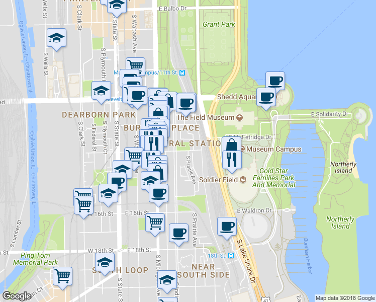 map of restaurants, bars, coffee shops, grocery stores, and more near 425 East 14th Street in Chicago