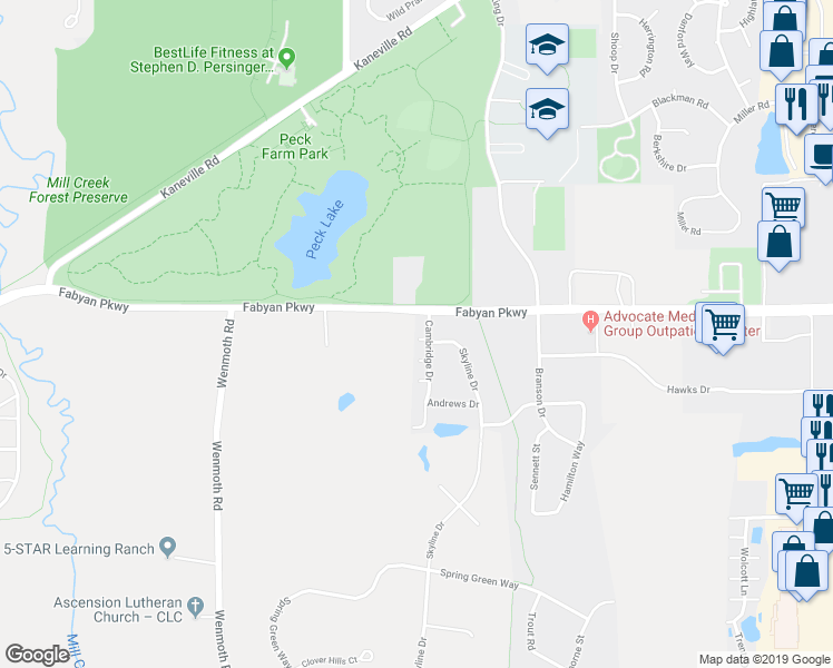 map of restaurants, bars, coffee shops, grocery stores, and more near 869 Cambridge Drive in Batavia