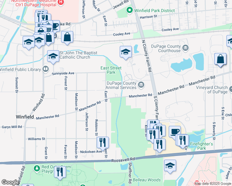 map of restaurants, bars, coffee shops, grocery stores, and more near 27W121 Manchester Road in Winfield