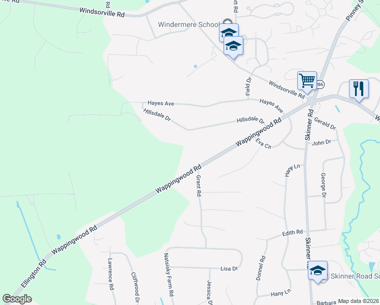 map of restaurants, bars, coffee shops, grocery stores, and more near 47 Wappingwood Road in Ellington