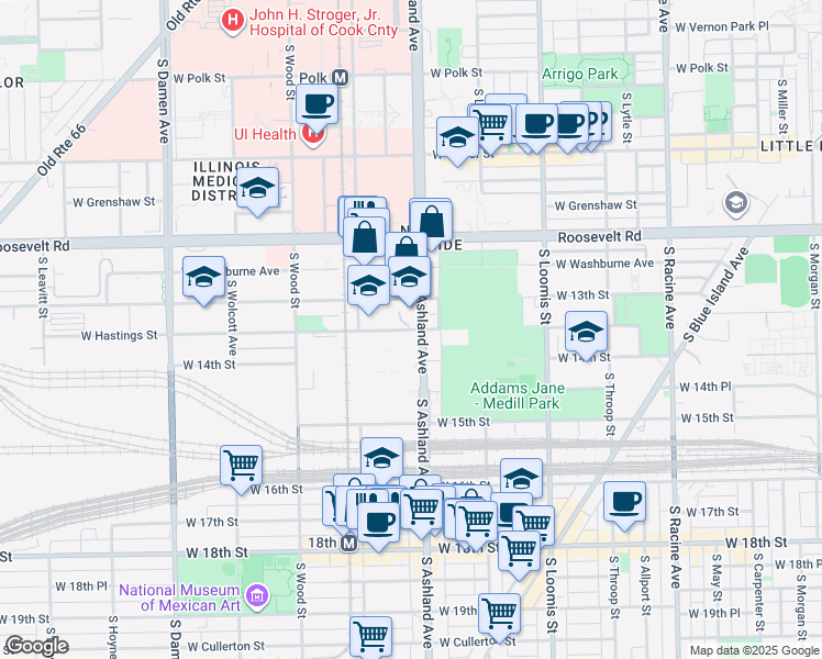 map of restaurants, bars, coffee shops, grocery stores, and more near 1626 West 14th Street in Chicago