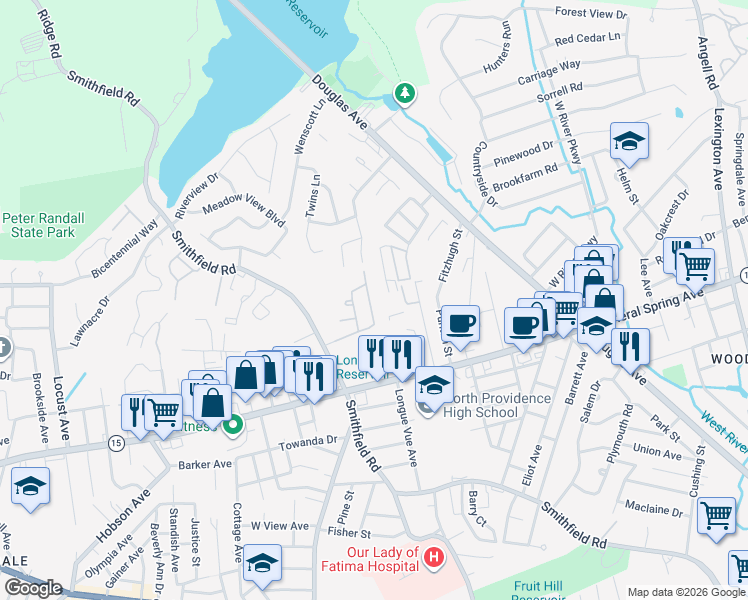 map of restaurants, bars, coffee shops, grocery stores, and more near 111 Forestwood Drive in North Providence