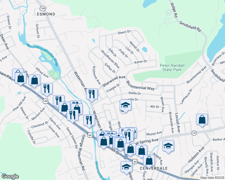 map of restaurants, bars, coffee shops, grocery stores, and more near 33 Woodcliff Avenue in North Providence