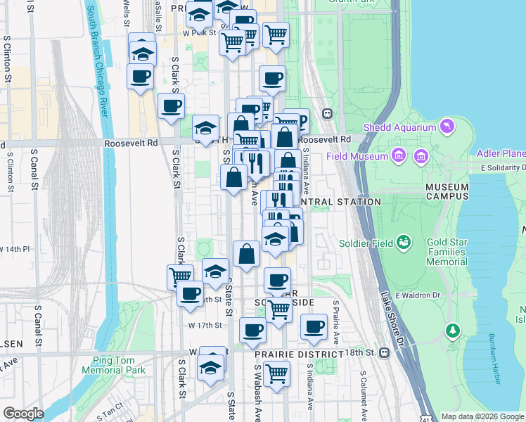 map of restaurants, bars, coffee shops, grocery stores, and more near 1421 South Wabash Avenue in Chicago