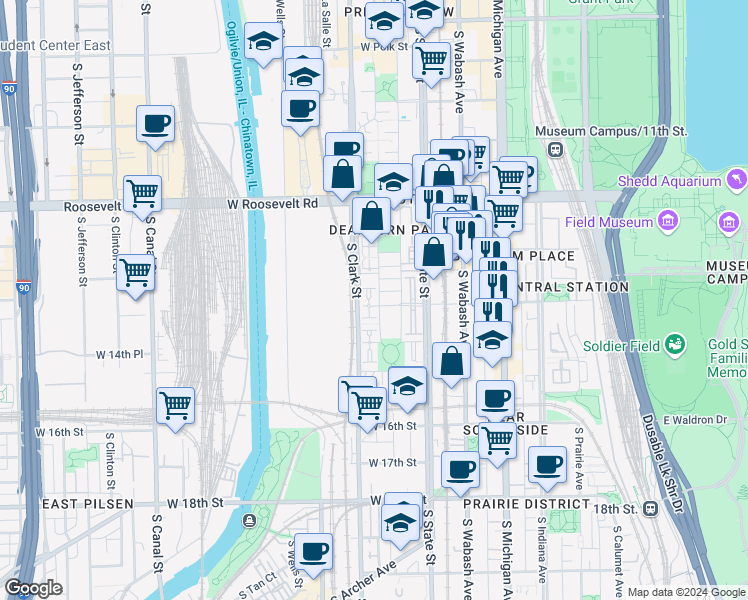 map of restaurants, bars, coffee shops, grocery stores, and more near 1416 South Federal Street in Chicago