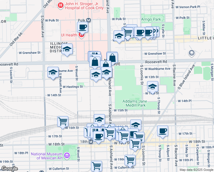 map of restaurants, bars, coffee shops, grocery stores, and more near 1626 West 14th Street in Chicago