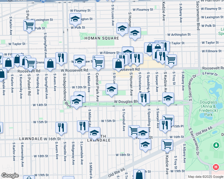 map of restaurants, bars, coffee shops, grocery stores, and more near 3530 West Douglas Boulevard in Chicago