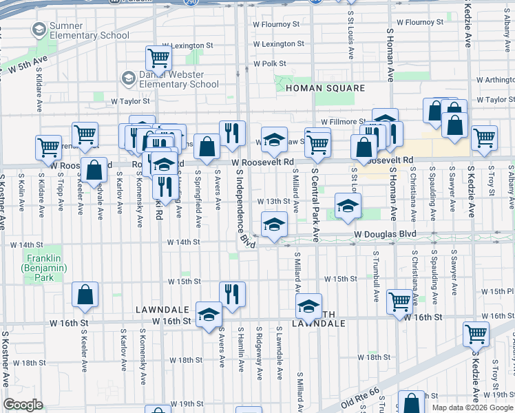 map of restaurants, bars, coffee shops, grocery stores, and more near 1328 South Lawndale Avenue in Chicago