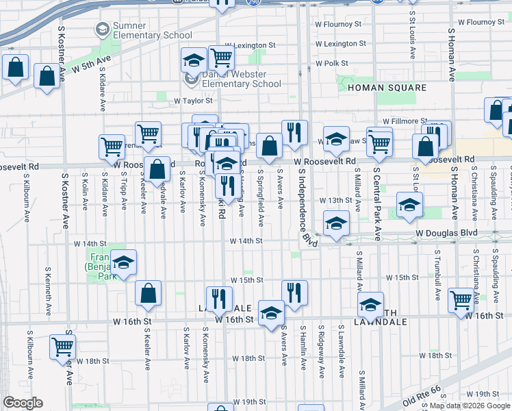 map of restaurants, bars, coffee shops, grocery stores, and more near 1330 South Springfield Avenue in Chicago