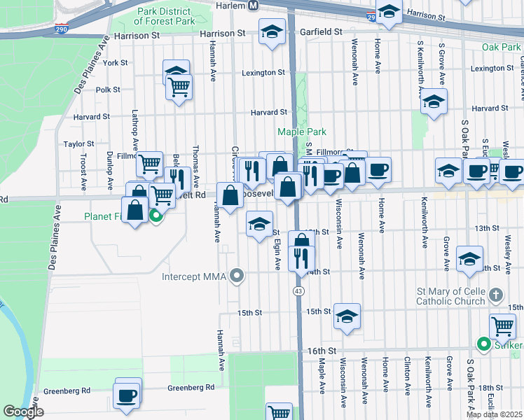 map of restaurants, bars, coffee shops, grocery stores, and more near 1237 Marengo Avenue in Forest Park