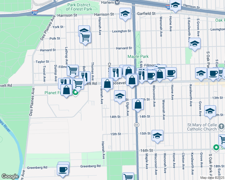 map of restaurants, bars, coffee shops, grocery stores, and more near 1237 Marengo Avenue in Forest Park