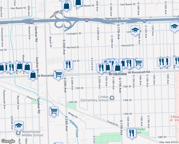 map of restaurants, bars, coffee shops, grocery stores, and more near 2219 South 21st Avenue in Broadview