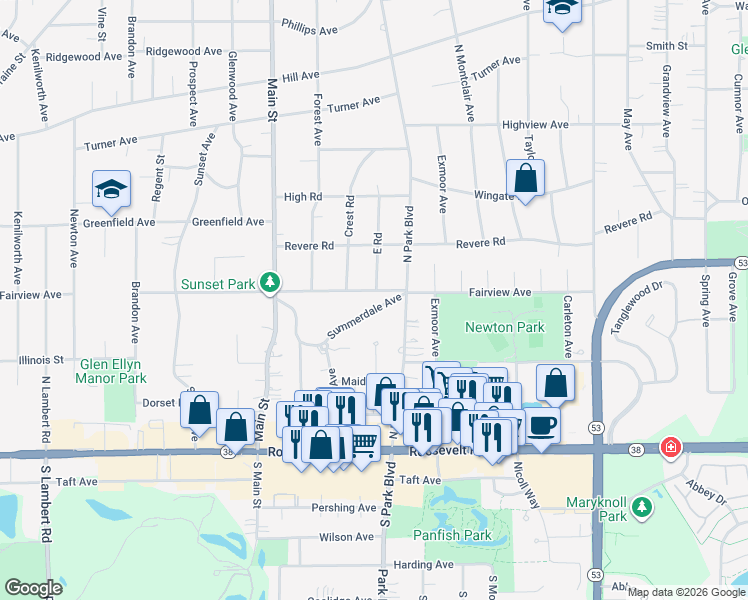 map of restaurants, bars, coffee shops, grocery stores, and more near 611 Summerdale Avenue in Glen Ellyn