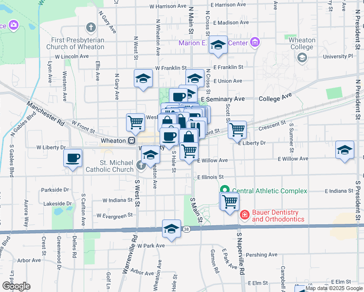 map of restaurants, bars, coffee shops, grocery stores, and more near 107 West Willow Avenue in Wheaton