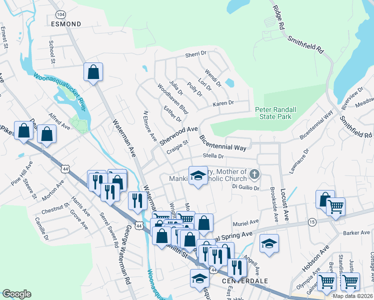 map of restaurants, bars, coffee shops, grocery stores, and more near 6 Zoar Street in North Providence