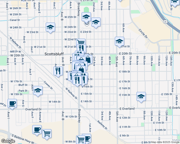 map of restaurants, bars, coffee shops, grocery stores, and more near 106 East 18th Street in Scottsbluff